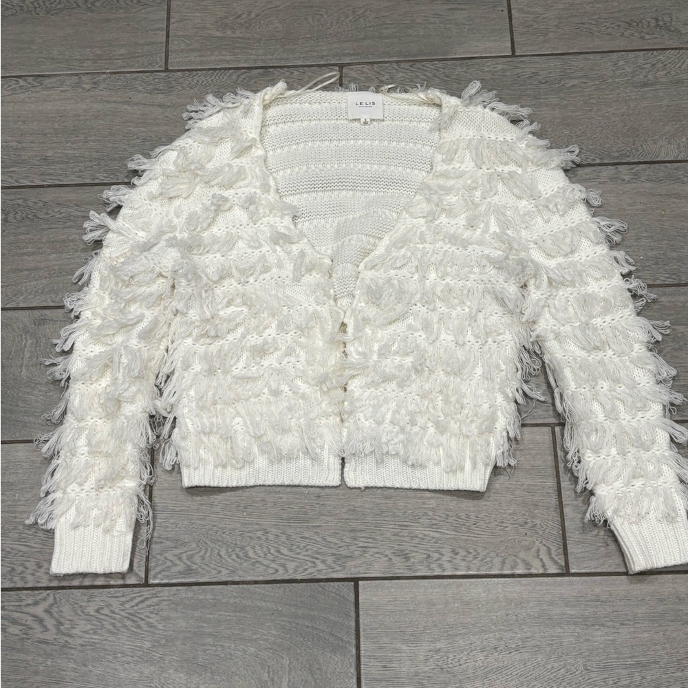 Lelis Collection Shaggy Fringe Knit Cardigan Sweater in Cream White Small - Picture 3 of 9